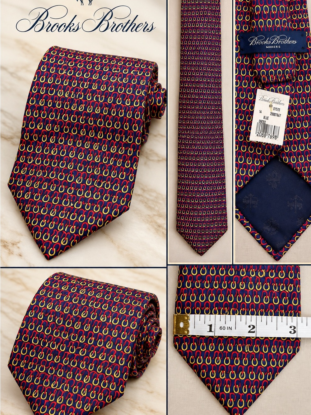 Brooks Brothers Makers Silk Necktie Navy Red Gold Equestrian Loop Pattern